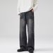 Men's Washed Whiskered Semi Elastic Waist A-Line Jeans American Style Loose Wide Leg Trousers Unisex Relaxed Fit_mkmklike.com
