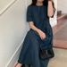 South Korea 2025 Summer UUS Round Neck High Waist Back Button Decoration Cowboy Washed Short Sleeve Jumpsuit Long Dress_mkmklike.com