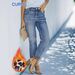 Women's High-Waisted Flared Jeans – Vintage Washed, Leopard Print Cuff, Stretch Denim (0xl-3xl, Plus Size, Fleece-Lined, 9/10 Length, Light Blue)_mkmklike.com
