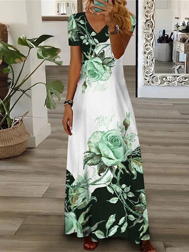 2023 Women's New Trend Positioning Printed V-neck Short Sleeve Dress_mkmklike.com