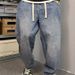 Men's Clothing Washed Distressed Work Jeans Men's Loose Harem Trousers American Style Slightly Flared Drawstring Elastic Dad Jeans_mkmklike.com
