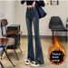 Cement Gray Flared Jeans Women, High-waisted, 2025 Autumn And Winter, Stretchy, Fleece-lined, Thickened, Slim-fit,_mkmklike.com