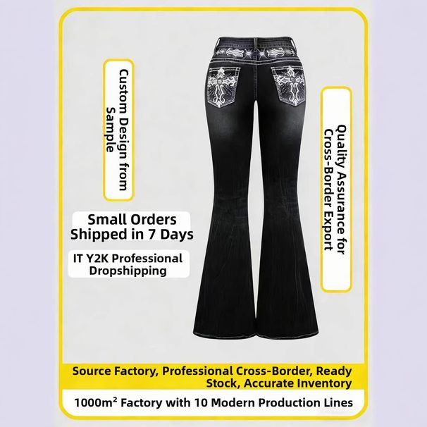Black Washed Flared Jeans for Women Rhinestone Embroidered Pockets Customizable Direct Factory Stock_mkmklike.com