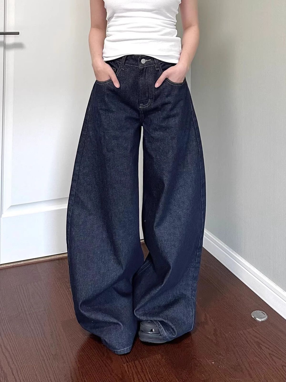 Men’s Clothing Large Size Dark Blue High Waist Wide Leg Jeans Spring And Autumn New Style Straight Drape Loose Slim Floor Length Pants_mkmklike.com