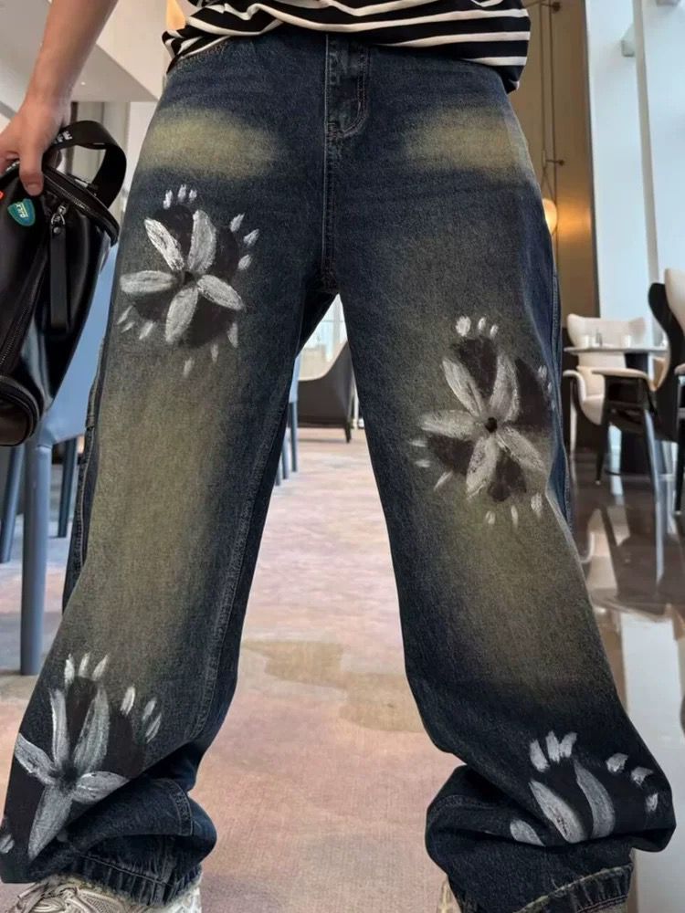 Men's Plus Size Straight Leg Jeans Trendy Brand American Retro Distressed Washed Loose Wide Leg Hip Hop Trousers_mkmklike.com