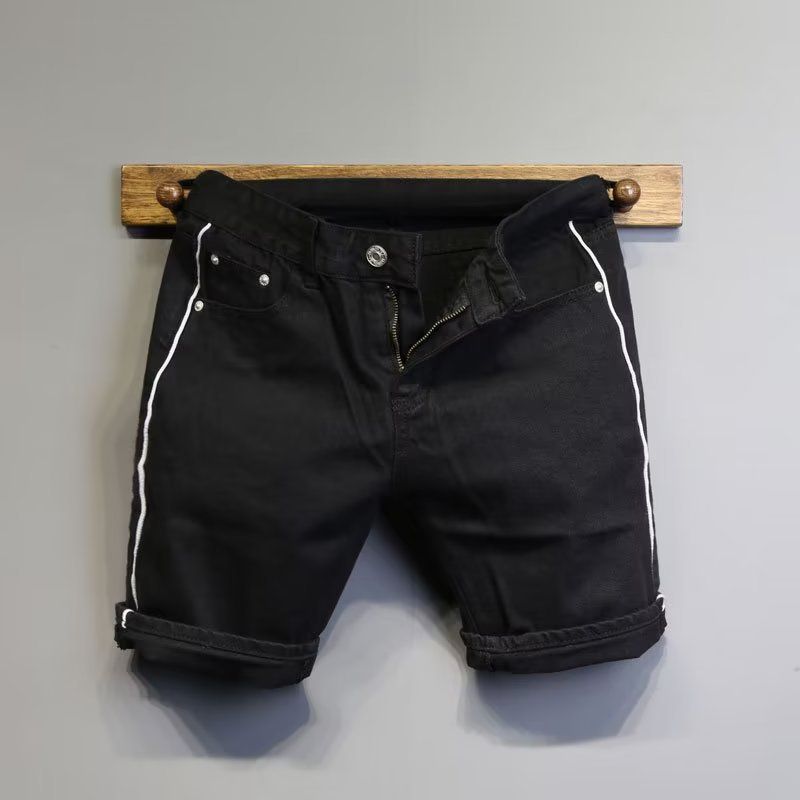Men's Slim Fit Denim Shorts Color Block Design Summer Casual Stretch White Jeans Mid-Length 5-Pocket Trendy Shorts_mkmklike.com