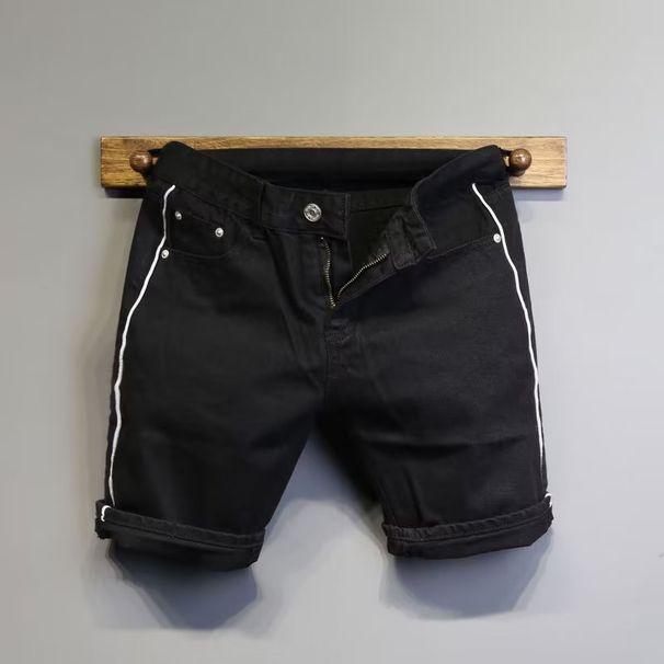 Men's Slim Fit Denim Shorts Color Block Design Summer Casual Stretch White Jeans Mid-Length 5-Pocket Trendy Shorts_mkmklike.com
