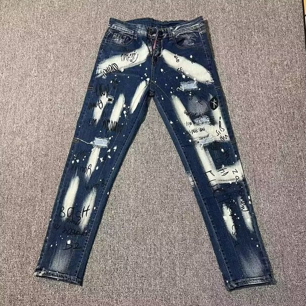 Men's Trendy Slim Fit Stretch Skinny Jeans 3D Cut Graffiti Print Ripped Patchwork Spring Summer New D2 Denim_mkmklike.com