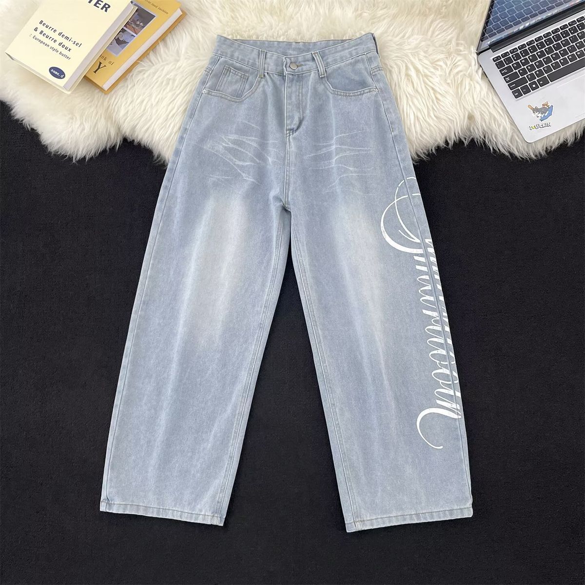 New American Retro Street Style Loose Fit Straight Leg Jeans Men's Clothing Stylish Versatile Letter Print Pants_mkmklike.com