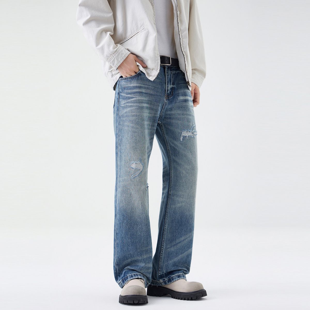 Clanfit Ripped Jeans Patched Detail High Street Retro Style Straight Leg Loose Fit Heavyweight Men's Trousers_mkmklike.com