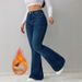 ELLE 2025 Autumn Winter New Cross-Border European And American Retro Clothing Fleece-Lined Women's Blue Stretch Flared Casual_mkmklike.com
