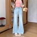 Retro Wide-leg Flared Jeans For Women, New Spring/summer Style, High-waisted, Stretchy, Loose-fitting, Non-clingy,_mkmklike.com