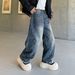 Retro Streetwear Distressed Jeans For Men - Vintage Washed Blue Denim Pants With Lightning Crack & Clean Fit Design (Blue, S-3xl)_mkmklike.com