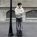 Men's Grey Washed Denim Jeans Cleanfit Straight-Leg Subtle Flare Rippled Texture Vintage-Inspired High Street S XXXL_mkmklike.com