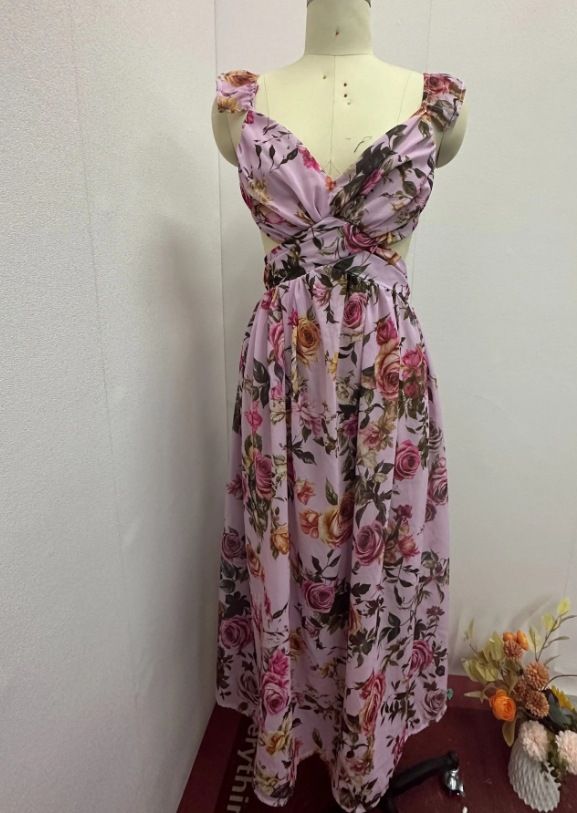 Women's Clothing fashion printed V neck high waist slim suspender dress_mkmklike.com