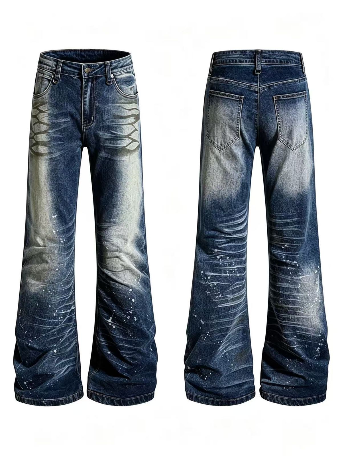 Men's Distressed Wide Leg Jeans High Street Washed Crackle Print Flared Trousers Ombre Effect Comfortable Denim_mkmklike.com