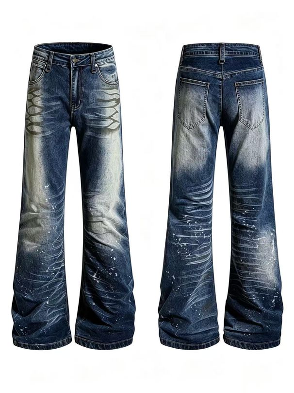 Men's Distressed Wide Leg Jeans High Street Washed Crackle Print Flared Trousers Ombre Effect Comfortable Denim_mkmklike.com