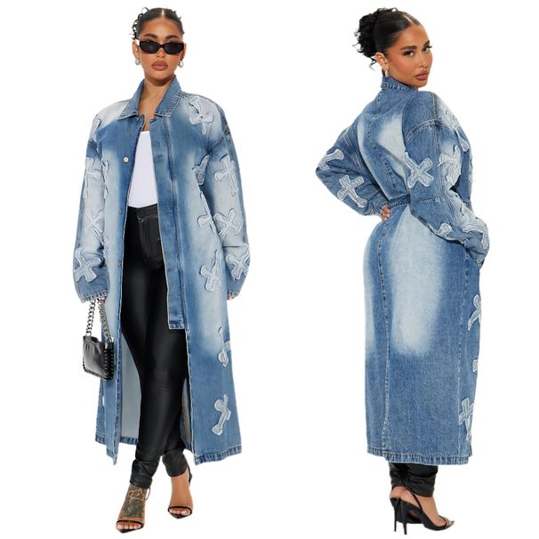 Oversized Distressed Denim Jacket For Women – Longline Washed Blue, Loose Fit, Streetwear Essential (Sizes S-2XL)_mkmklike.com