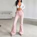 Women's High-Waisted Pink Washed Flared Jeans Double Button Retro Distressed Trousers European American Style_mkmklike.com