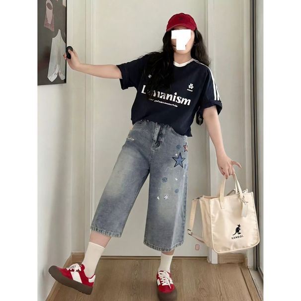Women's High-Waisted Star Patterned Wide Leg Denim Capri Pants Style Thin Summer Straight Leg Mid-Length Shorts_mkmklike.com