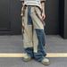 Vintage American Streetwear Washed Denim Pants Unisex Distressed Wide-Leg Jeans With Color Blocking And Curved Hem_mkmklike.com