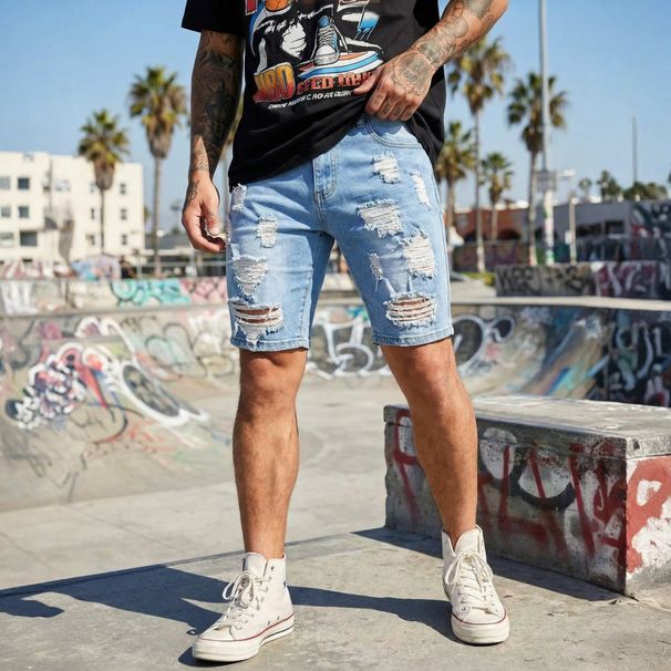 Men's Slim Fit Ripped Stretch Denim Shorts European American Style Trendy Brand INS mid Waist Blue Summer Cross Border Sourcing_mkmklike.com