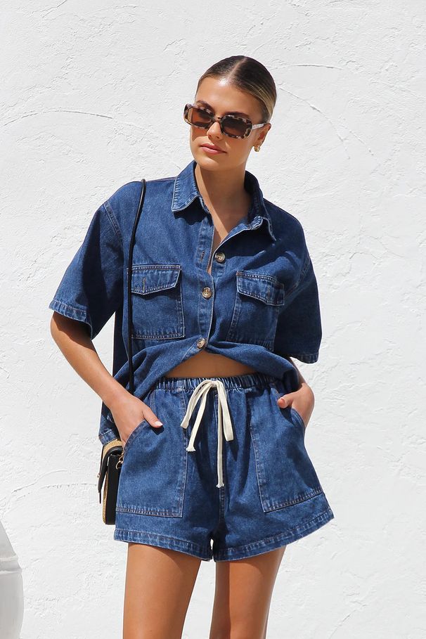 Women's Clothing Casual Loose Pocket Short Sleeved Shirt Denim Two Piece Suit_mkmklike.com