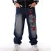 European And American Trend Hip-hop Jeans Plus Size Men's Clothing HIPHOP Hip-hop Washed Embroidery Loose Casual Skateboard Pants_mkmklike.com