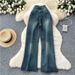 Vintage Washed High-Waisted Straight-Leg Jeans For Women - Distressed Denim With Rhinestone Details (Blue, S-2xl)_mkmklike.com