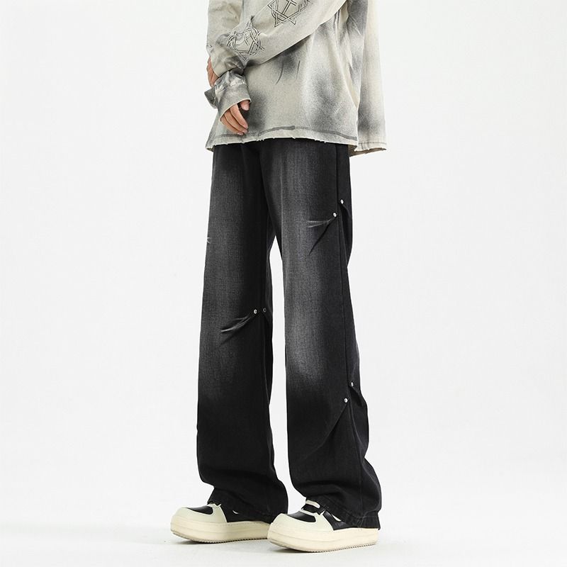 Four Seasons Washing Water Mopping Jeans Solid Color Retro Simple Hong Kong Style Loose Straight Pants_mkmklike.com