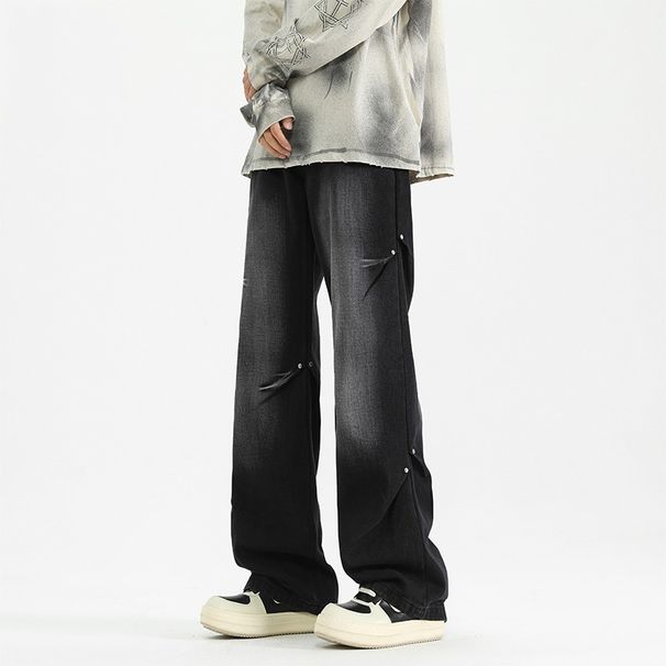 Four Seasons Washing Water Mopping Jeans Solid Color Retro Simple Hong Kong Style Loose Straight Pants_mkmklike.com