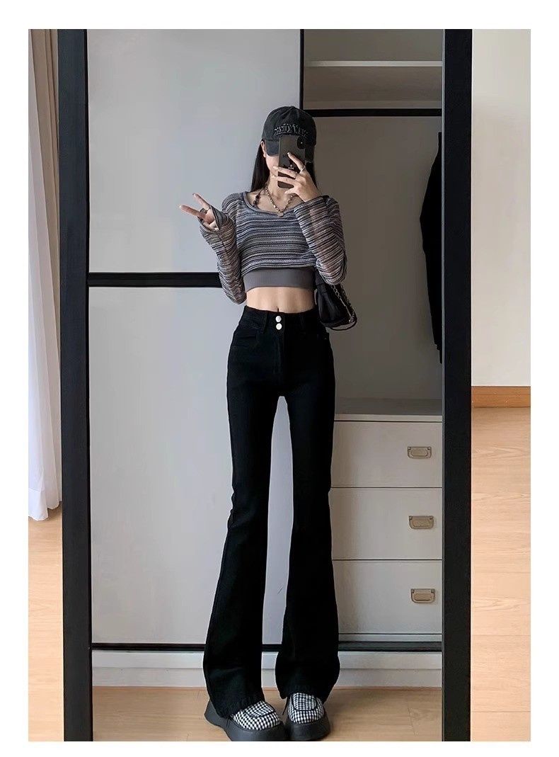 Cement Gray Flared Jeans Women, Spring And Autumn 2024 New Style, High-waisted, Slim-fit, Stretchy Bell-bottom Pants For_mkmklike.com