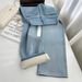 Women's Light Blue Flannel-Lined Straight Leg Jeans - High Waist, Relaxed Fit, Vintage Style, Slimming Wide Leg Pants For Winter_mkmklike.com