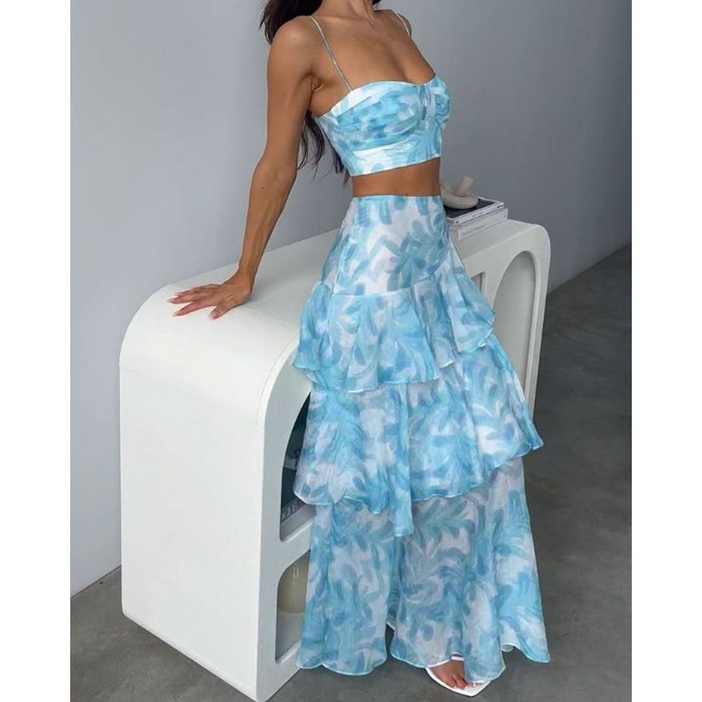 Women's clothing new suspender chest wrap printed sleeves backless tops slit two piece set_mkmklike.com