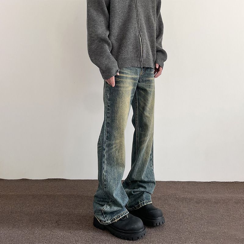 Nordmann American High Street Vibe Flared Jeans For Men Retro Washed Vintage Loose Straight Slimming Casual Pants_mkmklike.com