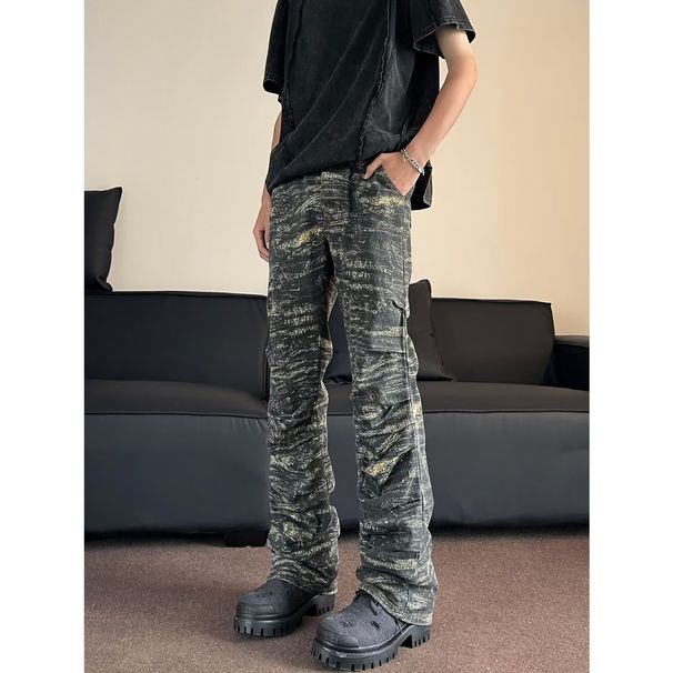 Men's Clothing American high street vibe wrinkled camouflage jeans men's hip-hop workwear straight flared loose slim long pants_mkmklike.com