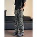 Men's Clothing American high street vibe wrinkled camouflage jeans men's hip-hop workwear straight flared loose slim long pants_mkmklike.com