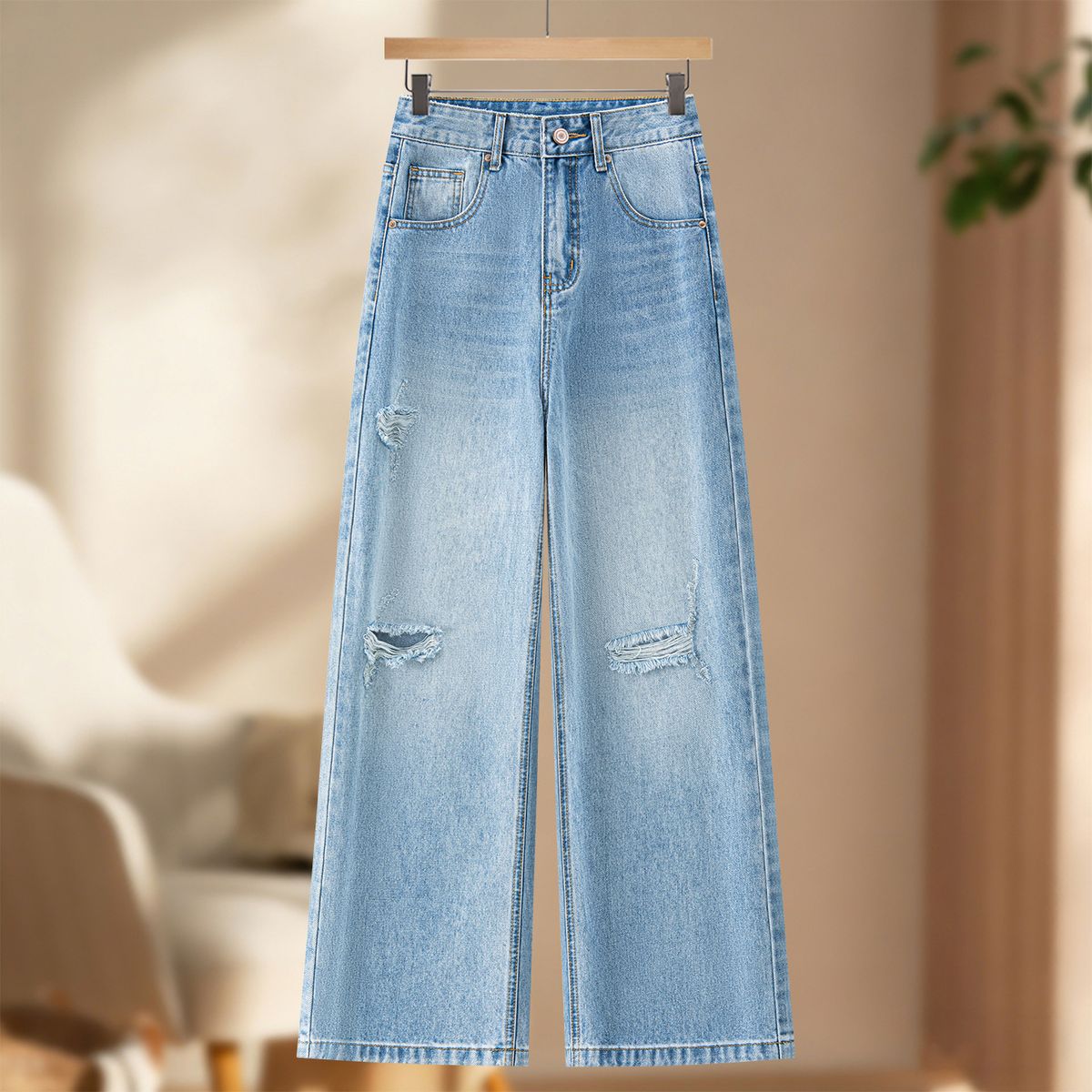Light Blue Ripped Wide Leg Jeans Street Style High Waisted Slimming Trendy Straight Leg Trousers For Women Summer Commuting_mkmklike.com