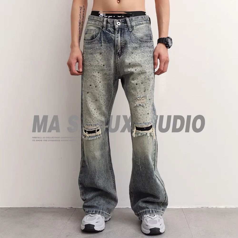 Men's Distressed Rhinestone Jeans – Relaxed Straight-Leg Vintage Denim Pants With Flared Hem For Retro Streetwear_mkmklike.com