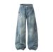 Men's Clothing Washed distressed jeans for men American street style tie dye stitching deconstructed casual trousers loose wide leg mopping trousers_mkmklike.com
