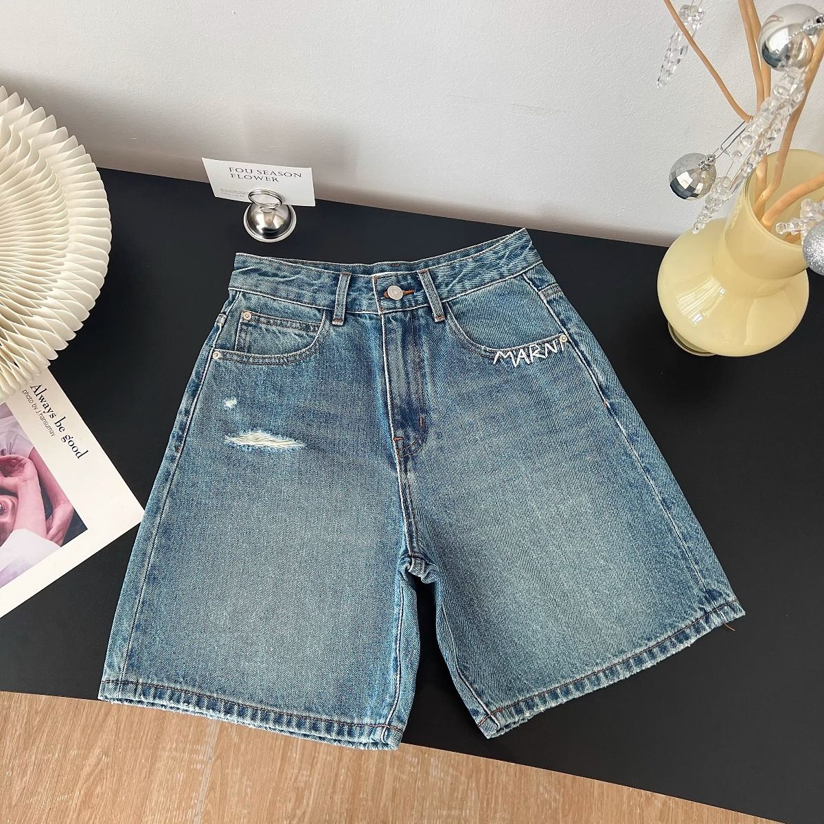 Women's Clothing Retro American Blue Ripped Jeans High Waist Wide Leg Straight Mid Length Trendy Summer Style For Women_mkmklike.com