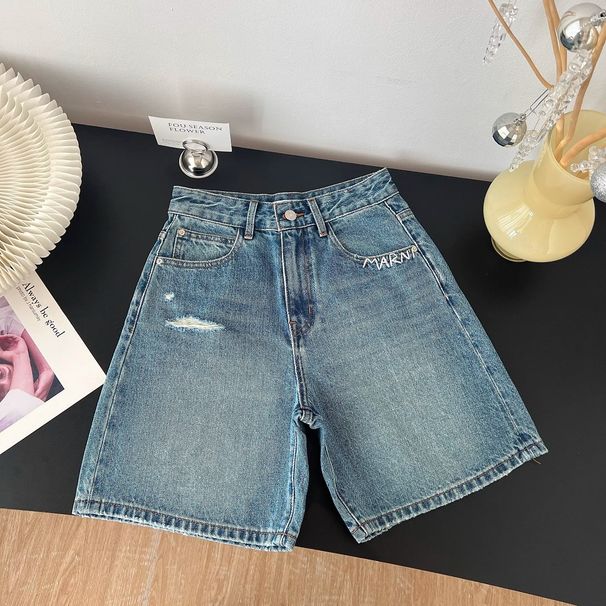 Women's Clothing Retro American Blue Ripped Jeans High Waist Wide Leg Straight Mid Length Trendy Summer Style For Women_mkmklike.com