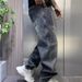 Men's Plus Size Ripped Straight Leg Jeans American Casual Retro Gradient Washed Denim Wide Leg Drape Low Waist Long Spring Style_mkmklike.com
