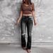 Women's Clothing Autumn And Winter New High Waist Elastic Raw Edge Hole Fashion Bell Bottom Pants Jeans_mkmklike.com