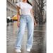 Women's Casual Light Blue Washed Overlap Waist Loose Straight Leg Jeans Denim Pants_mkmklike.com
