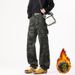 High Street Straight Jeans Men's Beveled Camouflage Logging Fleece Thickened Casual Long Pants_mkmklike.com