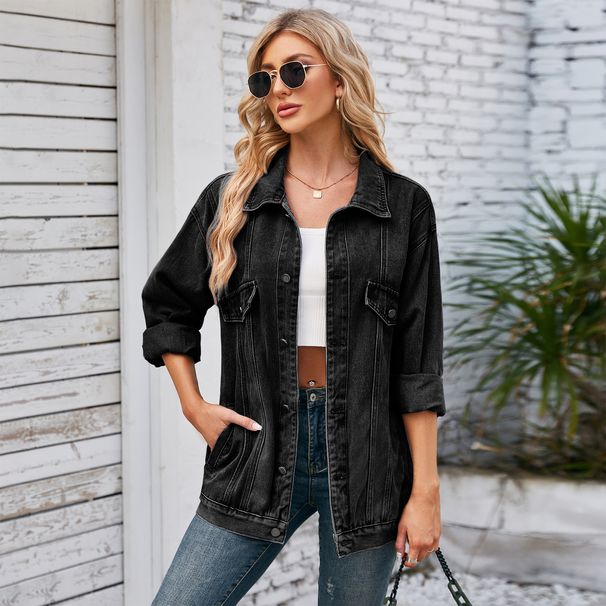 Women's Distressed Denim Jacket Oversized Long Sleeve Coat Streetwear Fall Fashion Loose Fit Casual Outerwear_mkmklike.com