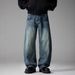 Men's Blue Wide Leg Jeans Retro Distressed Vintage Loose Straight Leg Trousers Mid Waist Long Curved Pants With Slight Stretch_mkmklike.com