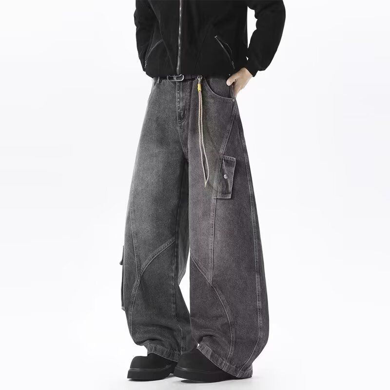 Men's Clothing Oversized Jeans American High Street Style Multi Pocket Trendy Wide Leg Pants Loose Fit Retro Washed For Women_mkmklike.com
