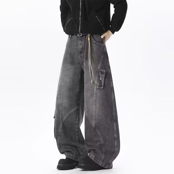 Men's Clothing Oversized Jeans American High Street Style Multi Pocket Trendy Wide Leg Pants Loose Fit Retro Washed For Women_mkmklike.com